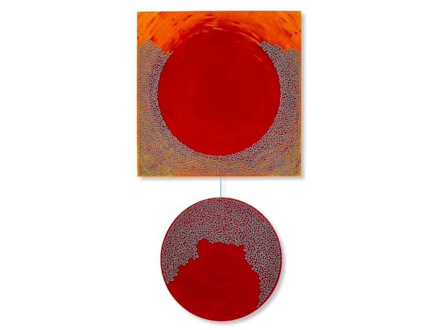 Abstract painting of a red circle on orange above a sculpted red disc