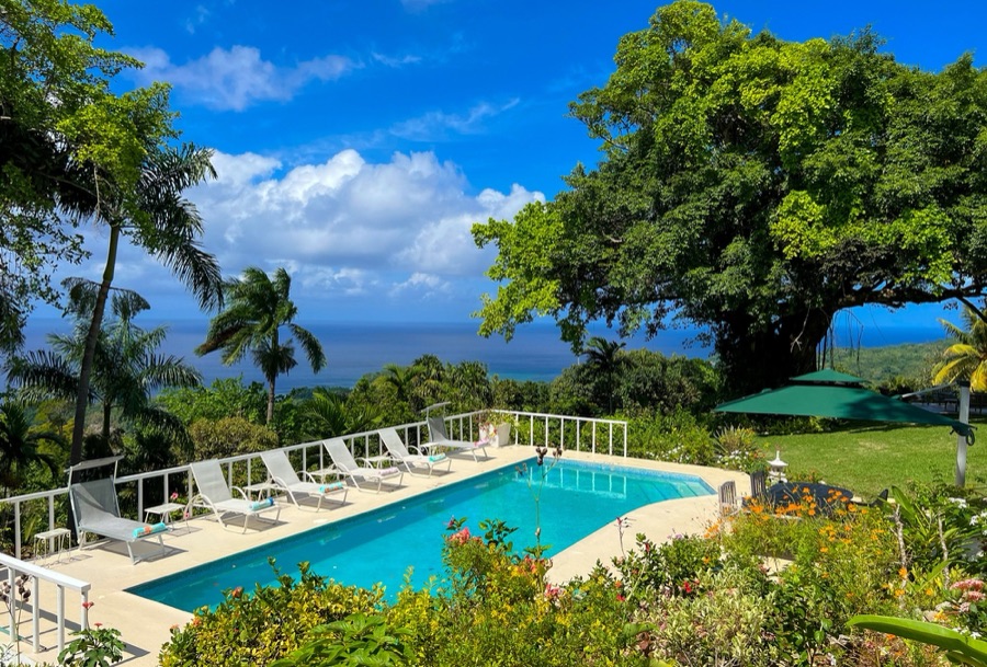 Pool and lounge chairs overlooking the ocean at Norse Hill Estate