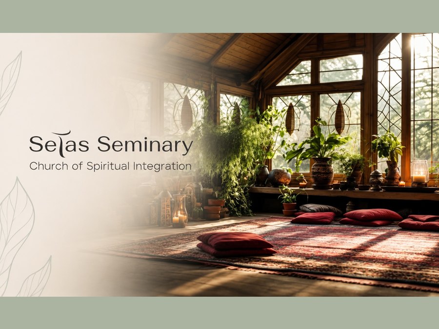 Sunlit meditation room with plants, candles, and floor cushions beside the Setas Seminary logo
